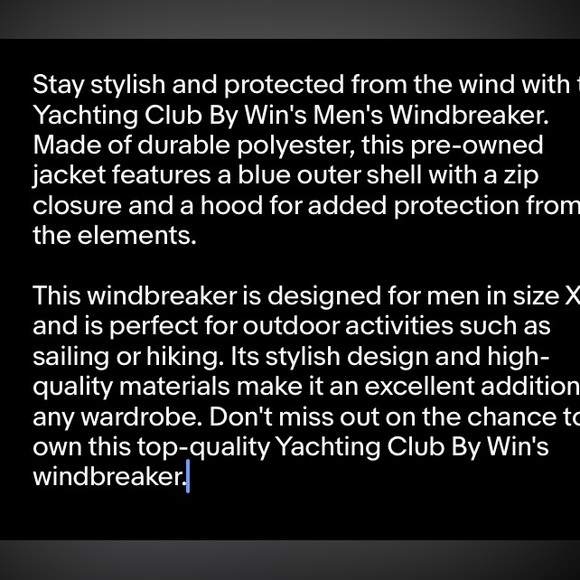 Yachting Club By Win’s Men’s Windbreaker Navy Men’s Size XL - Picture 5 of 5